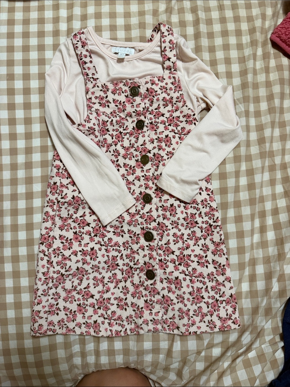 Btween Pink Floral Pinafore Dress with Long-Sleeve Tee 3T